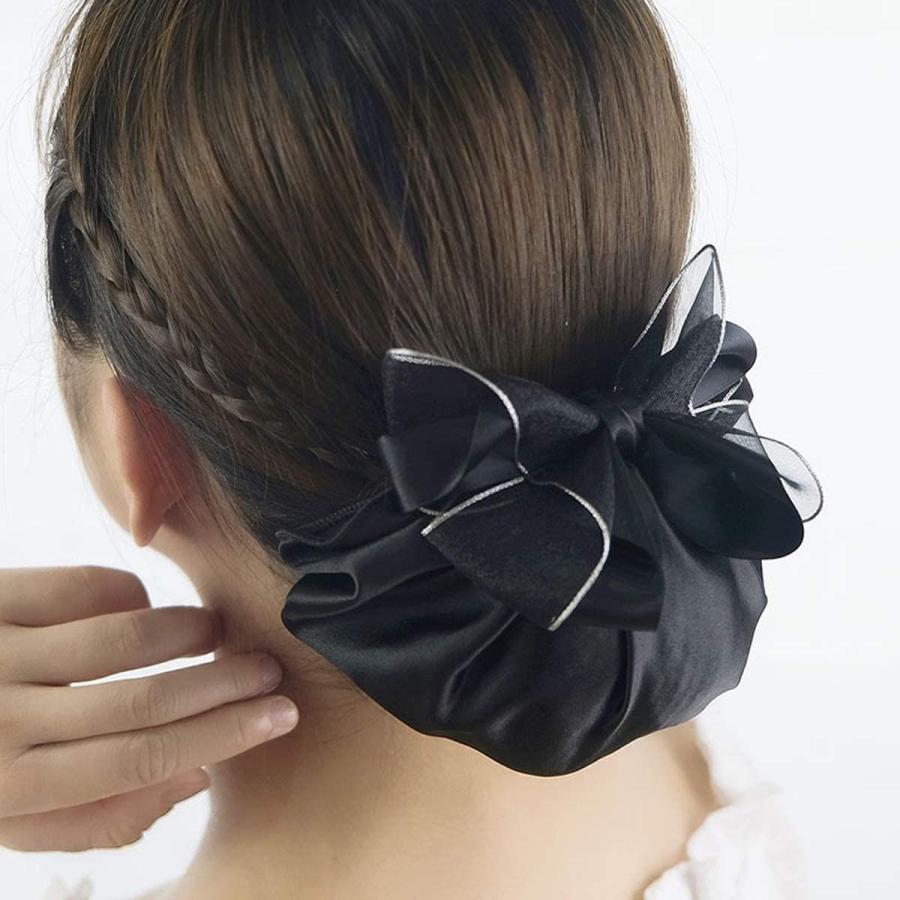 ヘアスタイル 見ちがえる シニヨンネット リボン お団子ネット まとめ髪 ネット シニヨンネット バレッタ ネット付きバレッタ 黒 お団子カ ヘアクリップ
