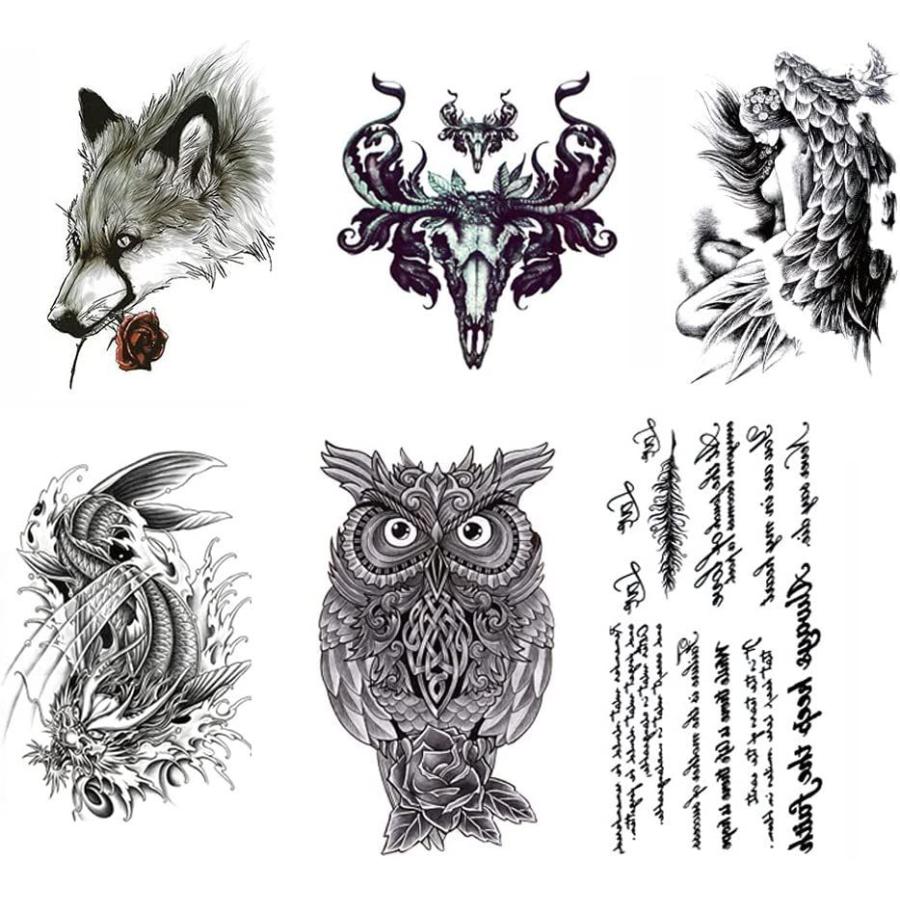 Yesallwas タトゥーシール リアル 大判 和彫り 6枚セット オオカミ 牛 天使 龍 トライバル 文字 羽 タトゥーステッカー Big Bear Store 通販 Yahoo ショッピング