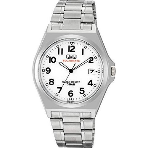 経典ブランド 防水 ソーラー アナログ 腕時計 Q&Q シチズン 日付 シルバー メンズ H060-204 文字盤 白 メタルバンド 腕時計