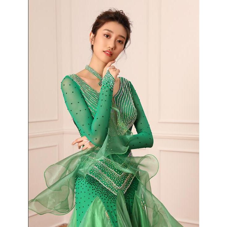 社交ダンスドレス モダンドレス ロングスカート ダンスウエア 競技 デモ ダンス衣装 ワンピース オーダーメード GB2200 レディース社交ダンス衣装　競技ドレス　ワルツドレス高級品　発表会用演出服パーティードレスワンピース　セミオーダー可