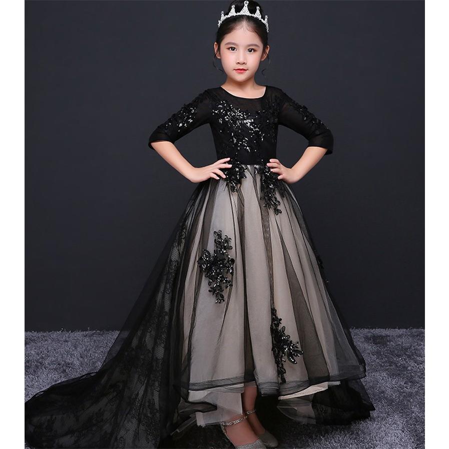 子供服 トレーン ドレス プリンセス風 ワンピース 子供ドレス 礼服 こども服 ダンス衣装 キッズ 発表会 コンクール ブラック Supersport Tn