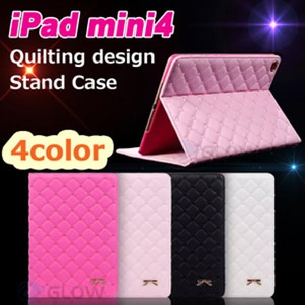 iPad mini4 世代  保護フィルム&タッチペン＆画面クリーナー付き　リボン&ハート刺繍キルティングケース ラムレザー風 ゆうパケット送料無料 | iPad