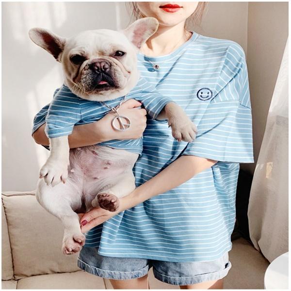 ペットとお揃い 犬用 猫用 服 ボーダー 動物用Sサイズ 人間用フリーサイズ ホワイト ブルー ピンク かわいい 部屋着 一緒にお散歩 送料込み |  | 04