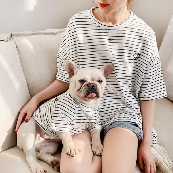 ペットとお揃い 犬用 猫用 服 ボーダー 動物用Sサイズ 人間用フリーサイズ ホワイト ブルー ピンク かわいい 部屋着 一緒にお散歩 送料込み |  | 14