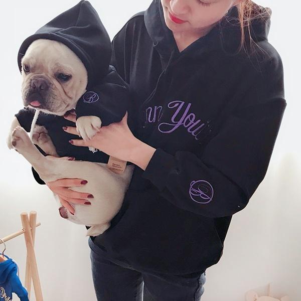 犬 猫 飼い主とお揃い おそろい 服 フリーサイズ ブラック ブルー セット パーカー フード付き 寒さ対策 お散歩 おしゃれ 送料込み |  | 03