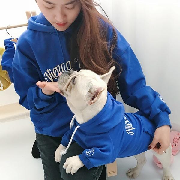 犬 猫 飼い主とお揃い おそろい 服 フリーサイズ ブラック ブルー セット パーカー フード付き 寒さ対策 お散歩 おしゃれ 送料込み |  | 07