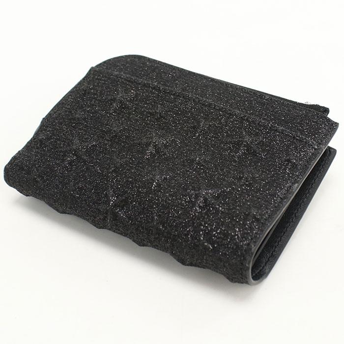 JIMMY CHOO ジミーチュウ COMPACT ZIP WALLET-M 二折財布小銭入付き/グリッターレザー BLACK レディース コンパクトジップ ウォレット | ブラック エンボス加工レザー