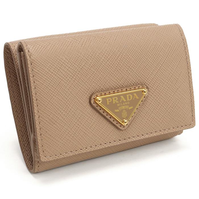 プラダ三つ折り財布 PRADA折財布　ベージュ プラダ PRADA 財布 三つ折り財布 折りたたみ財布 小銭入れ付き PR