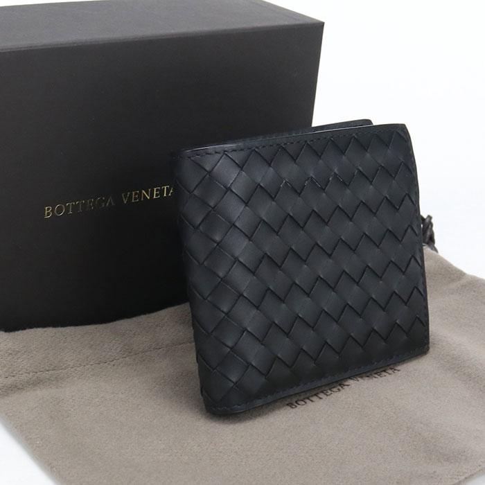 【美品】ボッテガヴェネタ イントレチャート 二つ折り財布 ブラック レザー BOTTEGA VENETA（ボッテガ・ヴェネタ） 中古良品 二つ折り財布