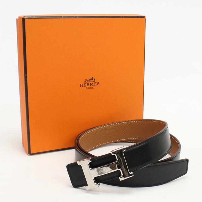 Hermès オレンジと黒の本革ベルト ゴールド H型バックル 新品・未使用