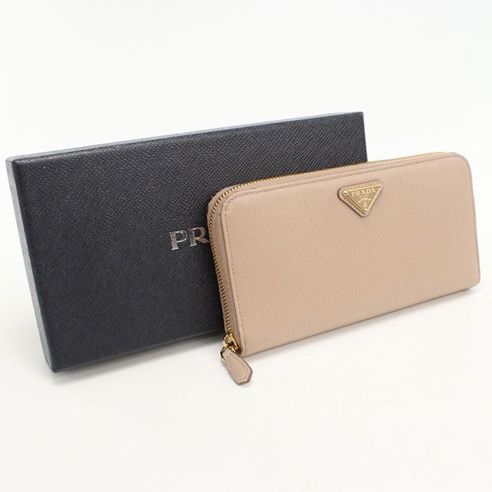 良品 PRADA サフィアーノ フィオッコ ラウンドファスナー ベージュ 