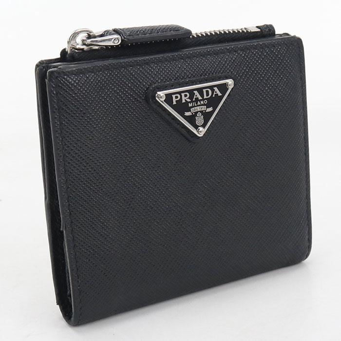 중고 良品 PRADA プラダ 二つ折り財布 2ML049 サフィアーノトライアングル財布 メンズ ブラック