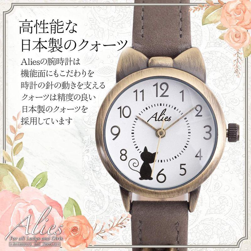 Alies(アリエス) 腕時計 レディース ガールズ 猫 本革ベルト 日本製クオーツ ギフトBOX付き (グレー ネコ)｜bigisland11｜04