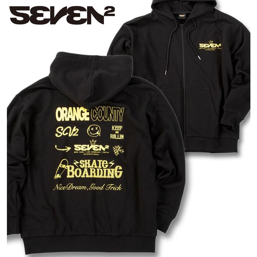 大きいサイズ SEVEN2 裏毛フルジップパーカー 3L 4L 5L 6L 8L ブラック　サイドポケット　プリント　裏毛 ラッピング可 送料無料 即日発送 SEVEN2（セブンツー） 大きいサイズ メンズ 裏毛 フルジップ パーカー