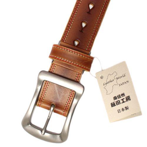 ロングサイズ 飯田工房 涙パンチ 3本ステッチ レザーベルト ブラウン Free/〜122cm