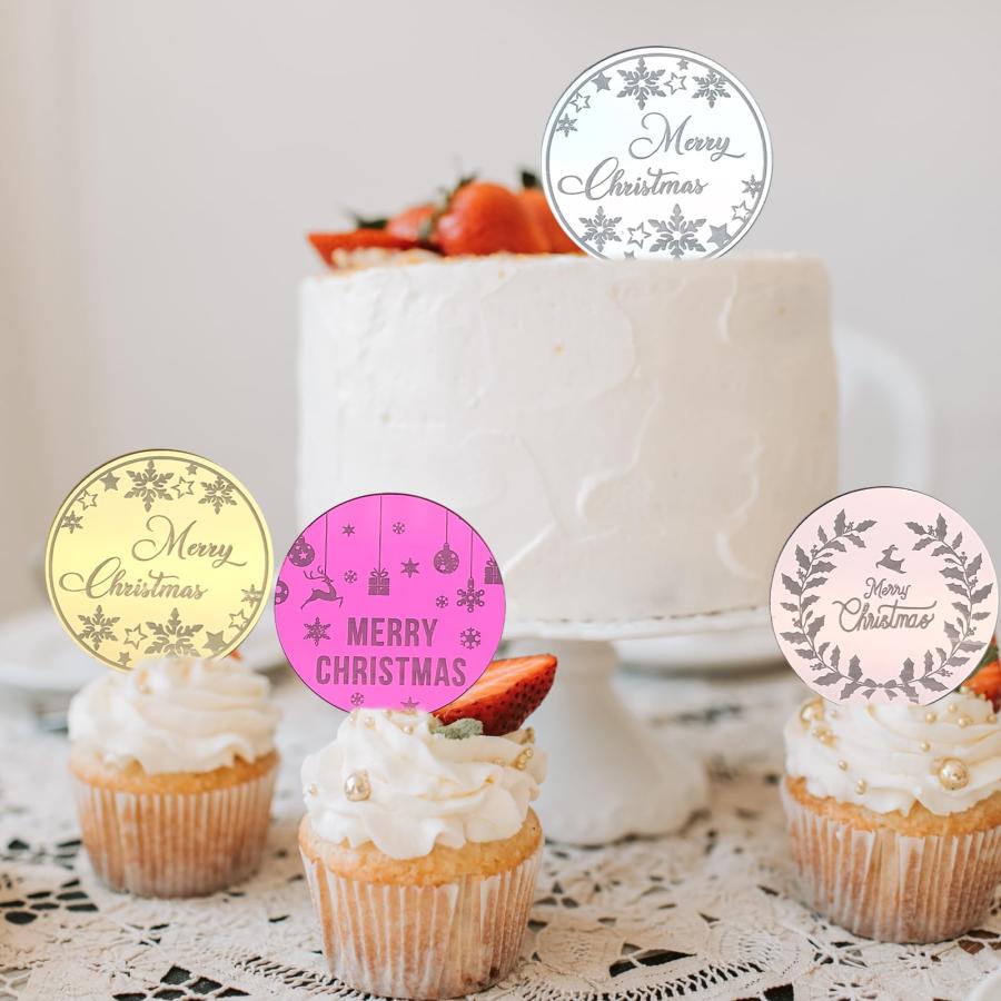クリスマスカップケーキトッパー アクリルミラーディスク クリスマスカップケーキピック 新年パーティー カップケーキ デコレーション用品 ミックスカラー |  | 03