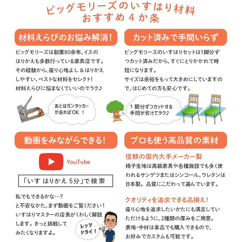 いすはりーず ワイドサイズ 椅子の張り替え セット レザー 合皮 無地 4cm厚 3脚分 キット いす イス 張り替え 国産 生地 難燃 DIY 修理 座面_30