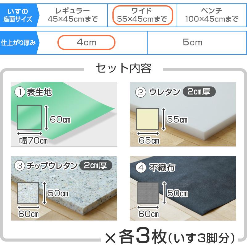 いすはりーず ワイドサイズ 椅子の張り替え セット レザー 合皮 無地 4cm厚 3脚分 キット いす イス 張り替え 国産 生地 難燃 DIY 修理 座面_21