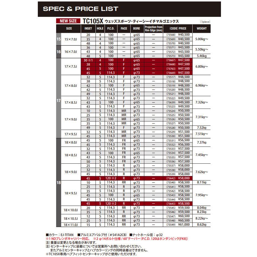 ウェッズスポーツ　TC105X  2本 WEDS WedsSport ウェッズスポーツ TC105X 7.0J-15 +20/+35/+48