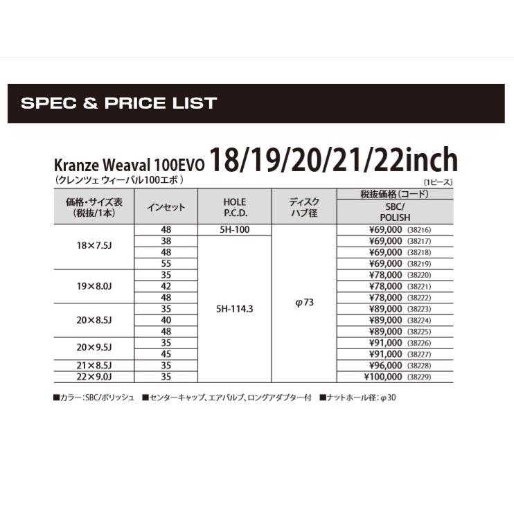 WEDS Kranze Weaval 100 EVO ウェッズ クレンツェ ウィーバル 100エボ 9.0J-22 +35 5H114.3 SBC/ポリッシュ ２本以上ご注文にて送料無料｜bigrun-ichige-store｜03