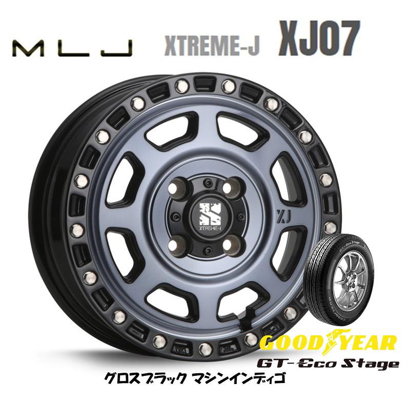 MLJ XTREME-J XJ07 mlj エクストリーム j xj07 軽自動車 4.5J-15 +43 4H100 グロスブラック/マシンインディゴ & グッドイヤー GT-Eco Stage 165/65R15｜bigrun-ichige-store