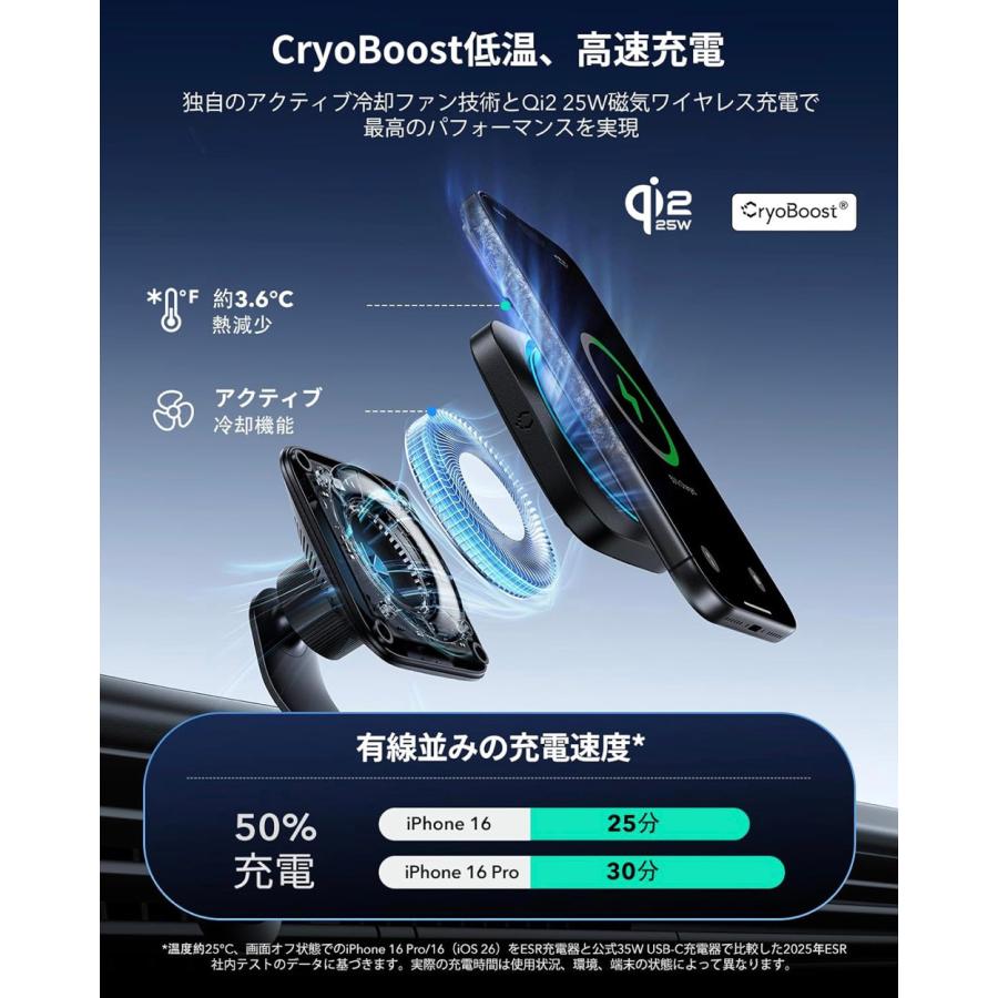ESR OmniLock Qi2.2認証 25W充電 magsafe 車載ホルダー【冷却機能付き CryoBoost搭載】2025新登場 高速充電 改良クリップ 損傷防止ロック ESR OmniLock Qi2.2認証 25W充電 Magsafe 車載ホルダー 冷却機能付き