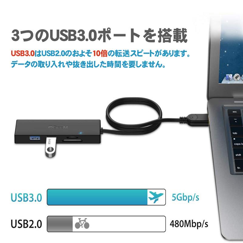 USB ハブ USB 3.0 変換 アダプター 80cm ケーブル 5Gbps ３つの超高速USB 3.0 ポート SD/TF microSD カードリーダー USB変換アダプター｜bigupshop｜03