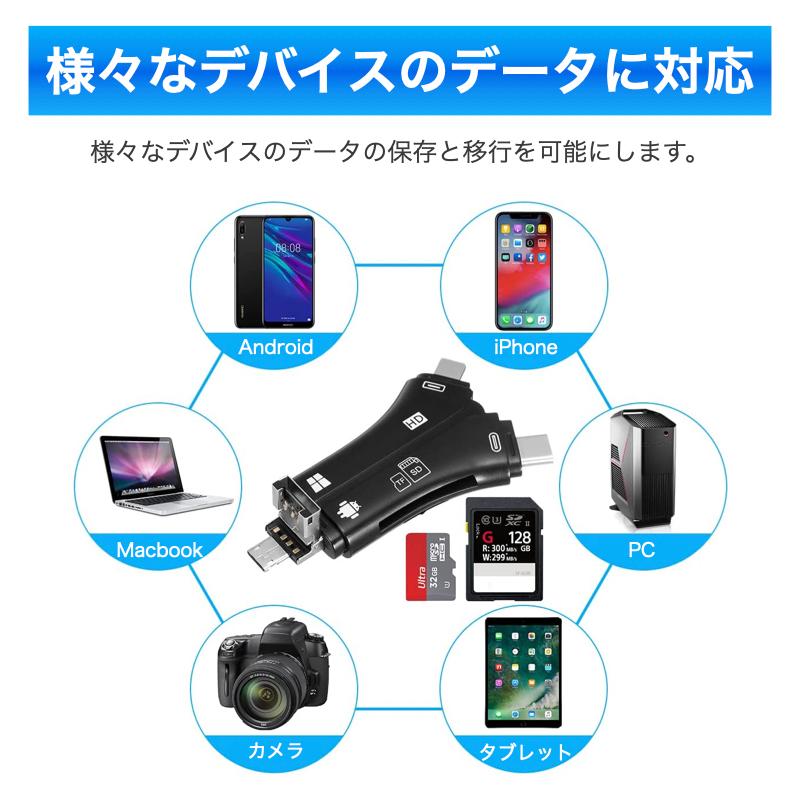 6ヵ月保証 スマホ SD カードリーダー SDカードカメラリーダー USBメモリ iPhone Android iPad Mac Type-C micro SD 日本語取扱説明書付き バックアップ｜bigupshop｜03