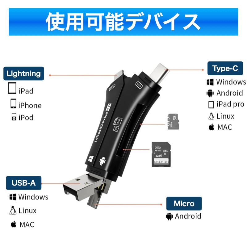 6ヵ月保証 スマホ SD カードリーダー SDカードカメラリーダー USBメモリ iPhone Android iPad Mac Type-C micro SD 日本語取扱説明書付き バックアップ｜bigupshop｜04