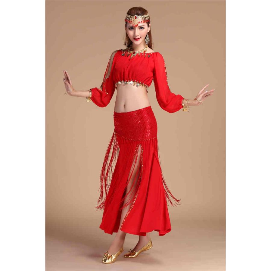 ベリーダンス衣装トップス スカート ヒップスカーフ　レッスン着 ステージ衣装 イェロー　パープル　ブルー　水色　ローズ　レッド  フリンジ　dp062z |  | 03