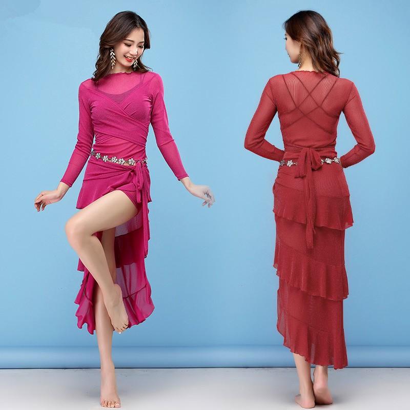 ベリーダンス ステージ衣装　ベリーダンスレッスン着 トップス　スカート　2点セット　ステージ衣装レッド　練習用　演出服　舞台衣装　発表会 4色 | 