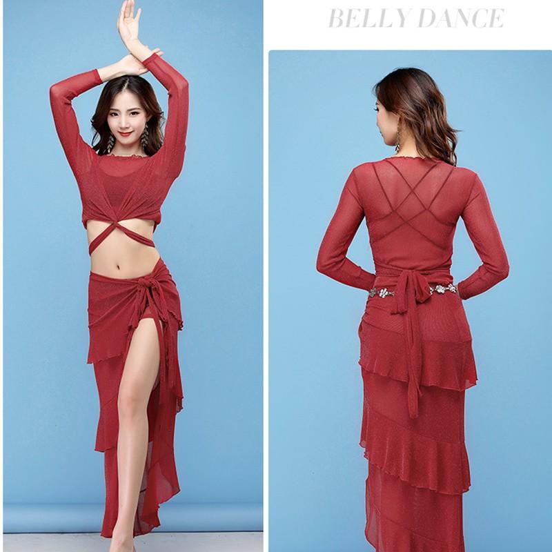 ベリーダンス ステージ衣装　ベリーダンスレッスン着 トップス　スカート　2点セット　ステージ衣装レッド　練習用　演出服　舞台衣装　発表会 4色 |  | 05