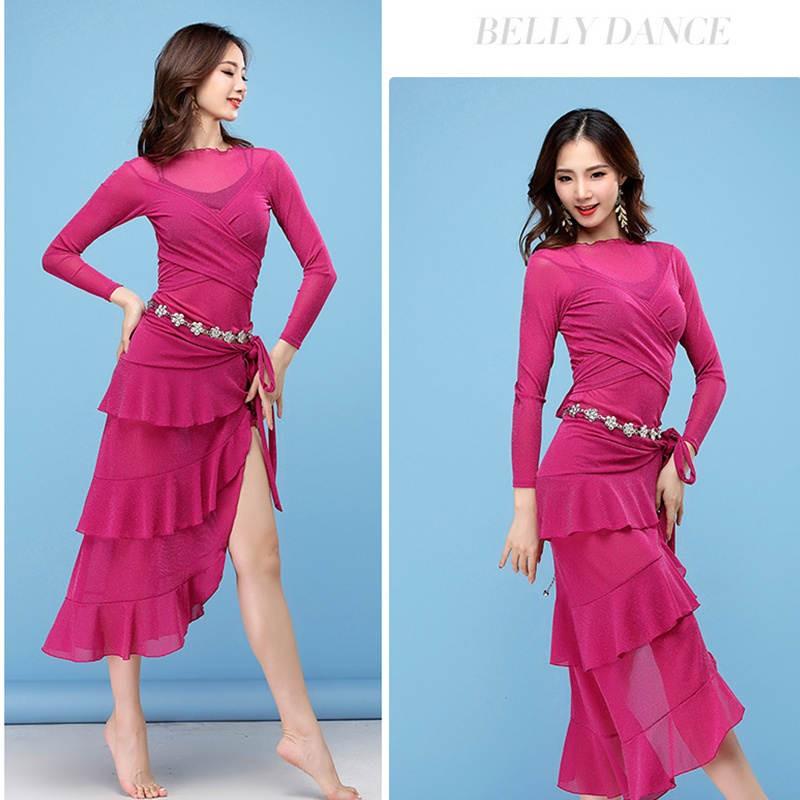 ベリーダンス ステージ衣装　ベリーダンスレッスン着 トップス　スカート　2点セット　ステージ衣装レッド　練習用　演出服　舞台衣装　発表会 4色 |  | 07