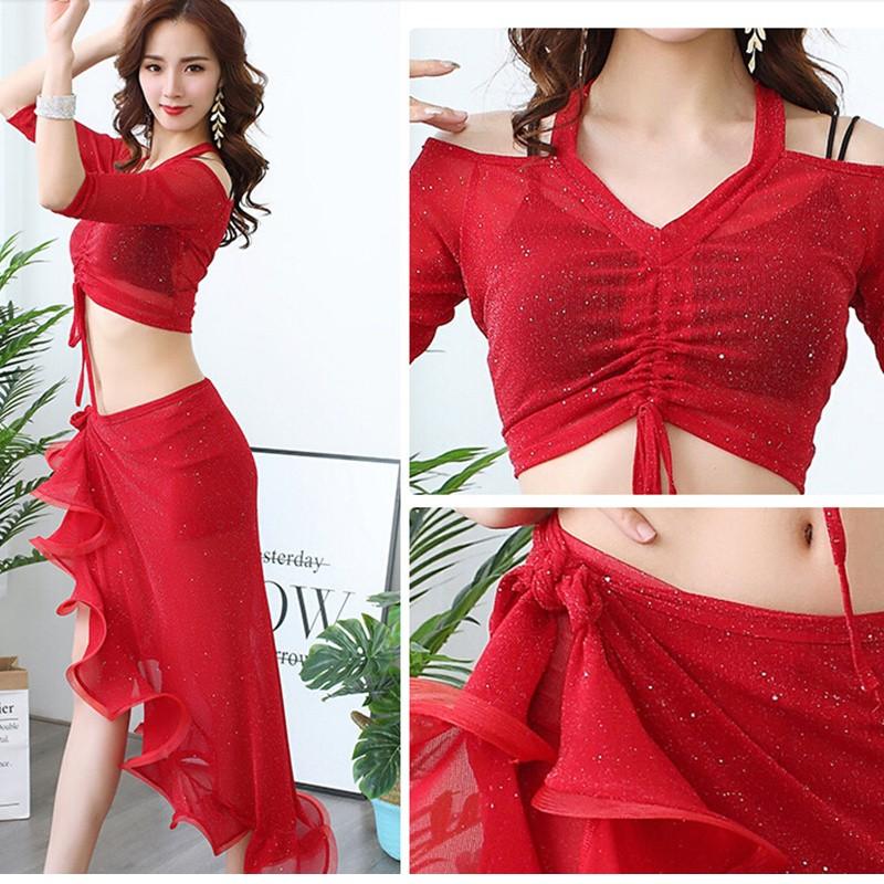 ベリーダンスセット ステージ衣装 イベント レッスン着 2点セット トップス/スカート 練習用 演出服 発表会  2style 4カラー入荷 |  | 08