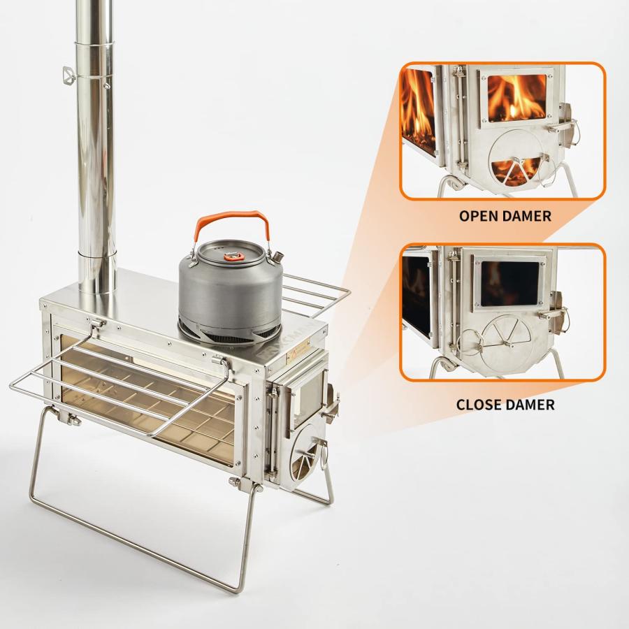 キャンプ テント 薪 ストーブ 6セクション 煙突 パイプ付き 3つの窓 ポータブル ウッド ストーブ アウトドア クッキング |  | 04