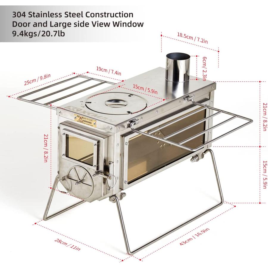 キャンプ テント 薪 ストーブ 6セクション 煙突 パイプ付き 3つの窓 ポータブル ウッド ストーブ アウトドア クッキング |  | 06