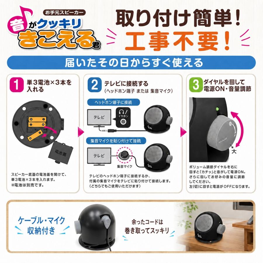 手元スピーカー 音がクッキリきこえる君 コード長5m 有線タイプ 電池