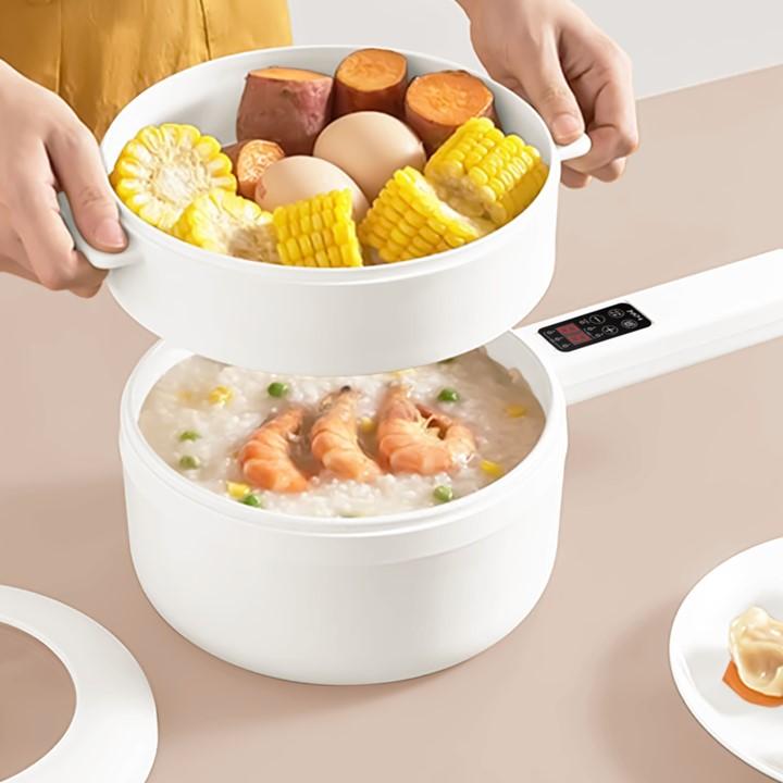 電気鍋 CHEF シェフ 食卓で使える 電気調理鍋 20cm 1台4役 焼く・煮る・炒める・蒸す 卓上 万能 電気片手鍋 ホワイト フライパン コンロ不要｜bigworld2022｜06