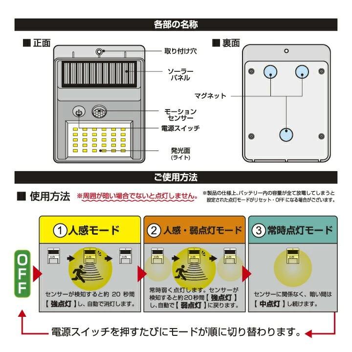 センサーライト 屋外 ソーラー 防犯 ライト マグネット ナイトスター