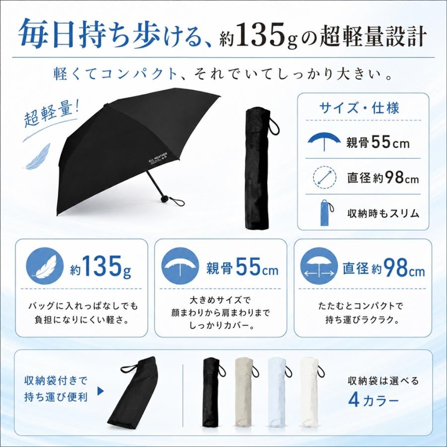 日傘 完全遮光 100% 折りたたみ傘 超軽量 135g カーボン 55cm オール
