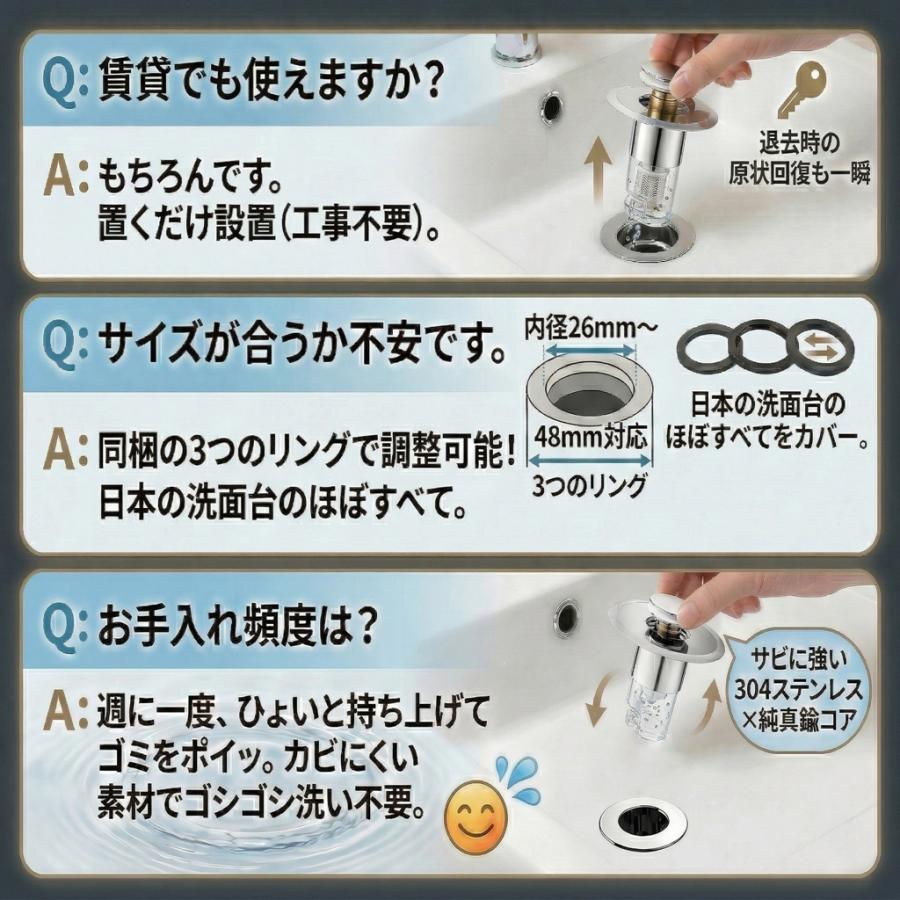 洗面台 排水口 ゴミ受け 排水栓 ポップアップ 汎用 26-48mm 304
