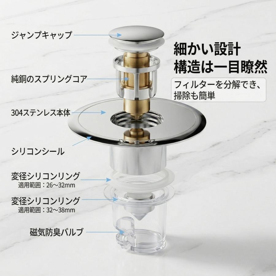 洗面台 排水口 ゴミ受け 排水栓 ポップアップ 汎用 26-48mm 304