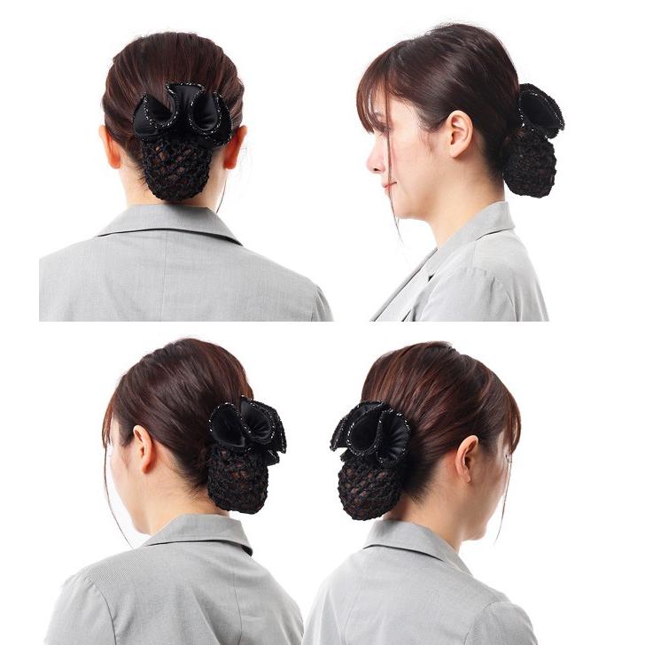 リボン バレッタ シニヨン ネット付 キラキラ ビーズの縁取り