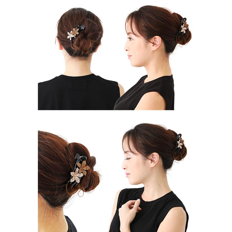 横型 サイドバンス クリップ 2輪の花 キラキラ ラインストーン やや