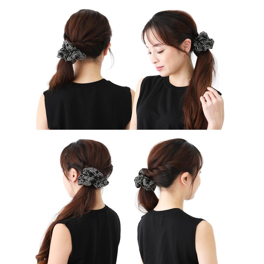 シュシュ 大人専用 白黒モノトーンのチェックにボタニカル柄 日本製