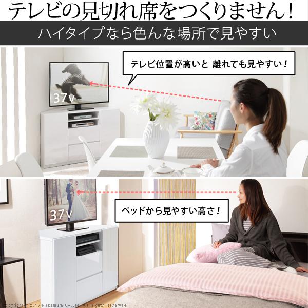 コーナーテレビ台 キャスター付き ハイタイプ 三角 ホワイト 白 背面