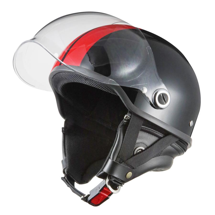 バイクヘルメット ブラック/レッド バブルシールド  ポリスヘルメット ストリートハーフ 半帽ヘルメット SG規格適合 PSCマーク付  バイク ヘルメット｜bike-parts-center｜02