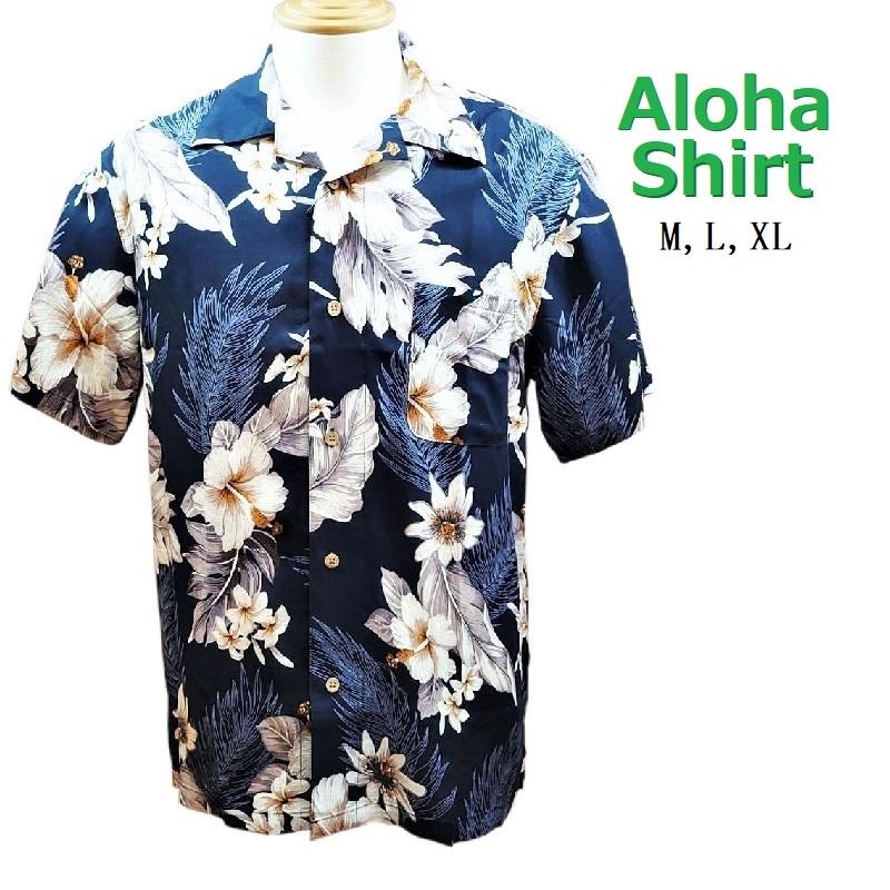 配送日指定可 新品 XL ネイビー ハワイアン花柄 アロハシャツ レーヨン 半袖 通販