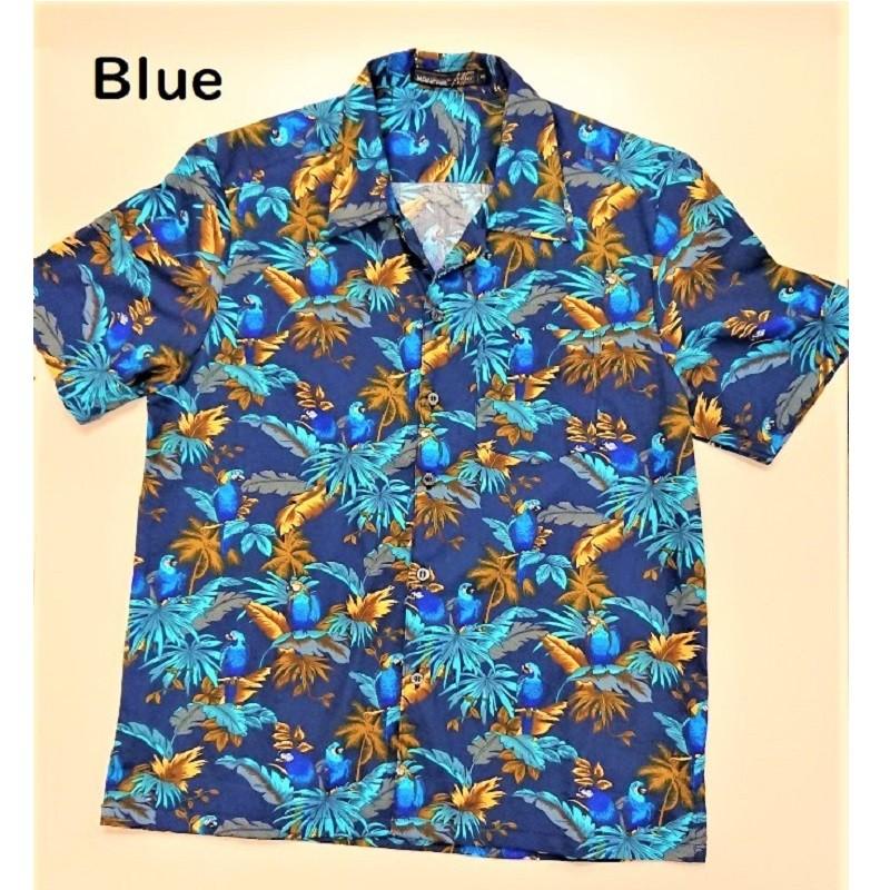 アロハシャツ インコ・ヤシの葉柄 5colors 半袖 綿100％ 派手 大人