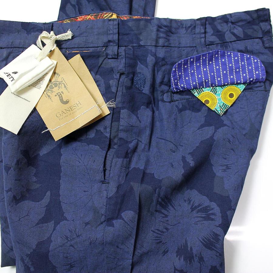パンツ Ganesha GANESH ガネーシュ コットンパンツ 紺 メンズ デザイン柄 ボタニカル柄